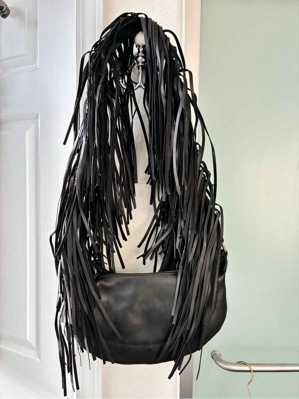 Anthropologie Black Fringe Leather Shoulder Bag